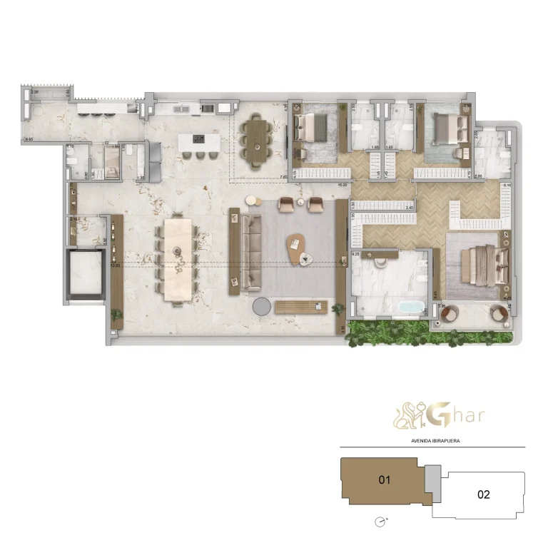 Living da penthouse no 54º pavimento do Vista Cyrela Furnished by ArmaniCasa – Torre Milano, com visual panorâmico e decoração assinada em estilo italiano.