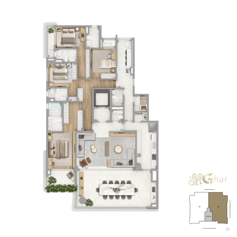 Living da penthouse no 54º pavimento do Vista Cyrela Furnished by ArmaniCasa – Torre Milano, com visual panorâmico e decoração assinada em estilo italiano.