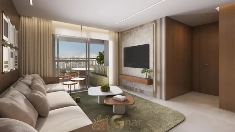 Living do apartamento decorado de 56m² no Alameda Tatuapé Condomínio Clube