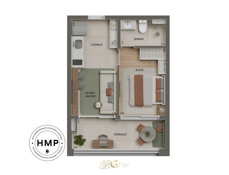 Planta de apartamento de 1 dormitório com 36m² no Alameda Tatuapé Condomínio Clube