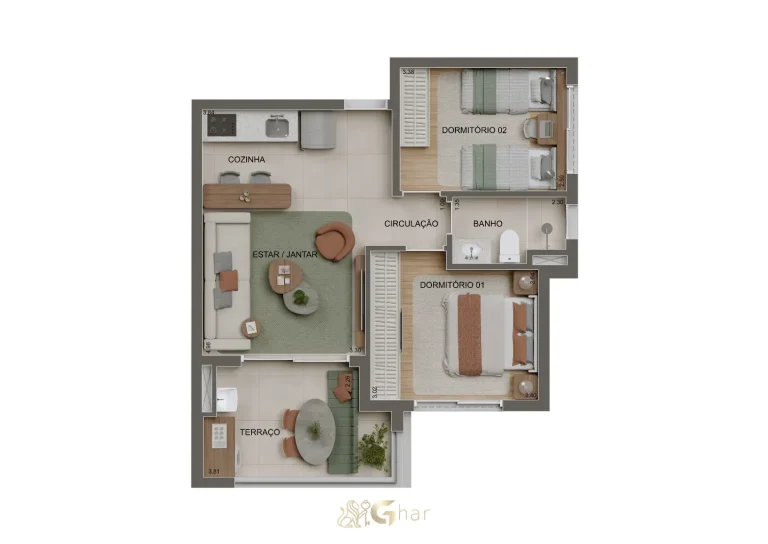 Planta de apartamento de 2 dormitórios com 56m² no Alameda Tatuapé Condomínio Clube