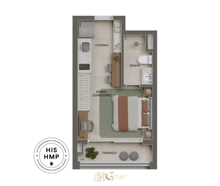 Planta de studio de 26m² no Alameda Tatuapé Condomínio Clube