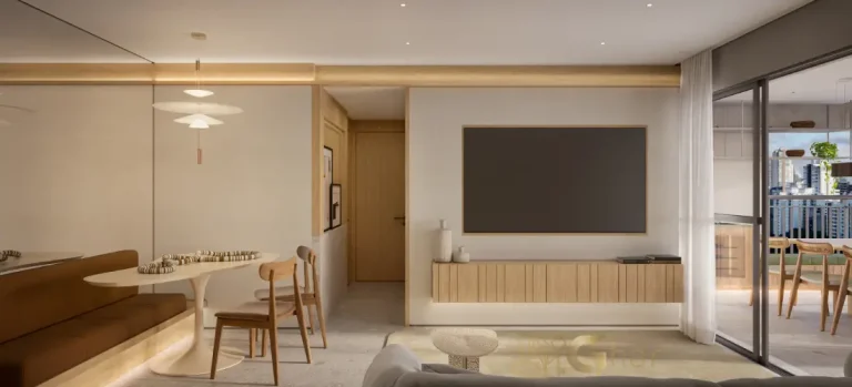 Living do apartamento decorado de 83 m² no Alameda Tatuapé Condomínio Clube Residences