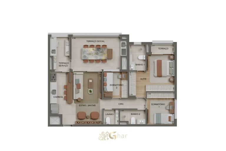Planta do apartamento de 99 m² com 2 dormitórios, 1 suíte e lavabo no Alameda Tatuapé Condomínio Clube Residences