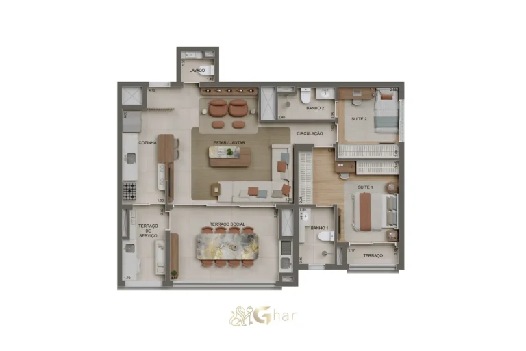 Planta do apartamento de 100 m² com 2 suítes ampliadas e lavabo no Alameda Tatuapé Condomínio Clube Residences