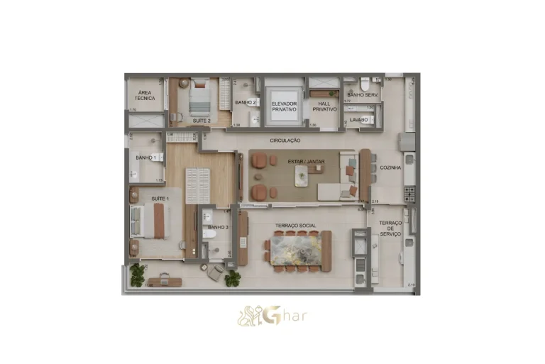 Planta do apartamento de 147 m² com 2 suítes ampliadas e lavabo no Alameda Tatuapé Condomínio Clube Residences
