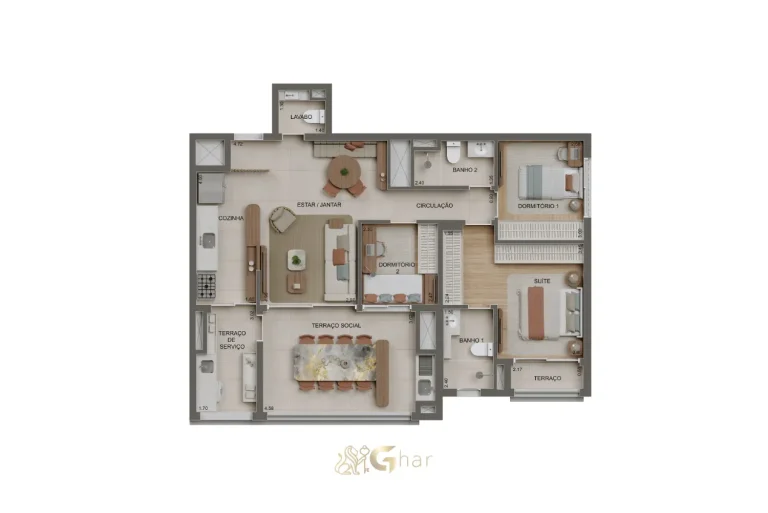 Planta do apartamento de 100 m² com 3 dormitórios, 1 suíte e lavabo no Alameda Tatuapé Condomínio Clube Residences