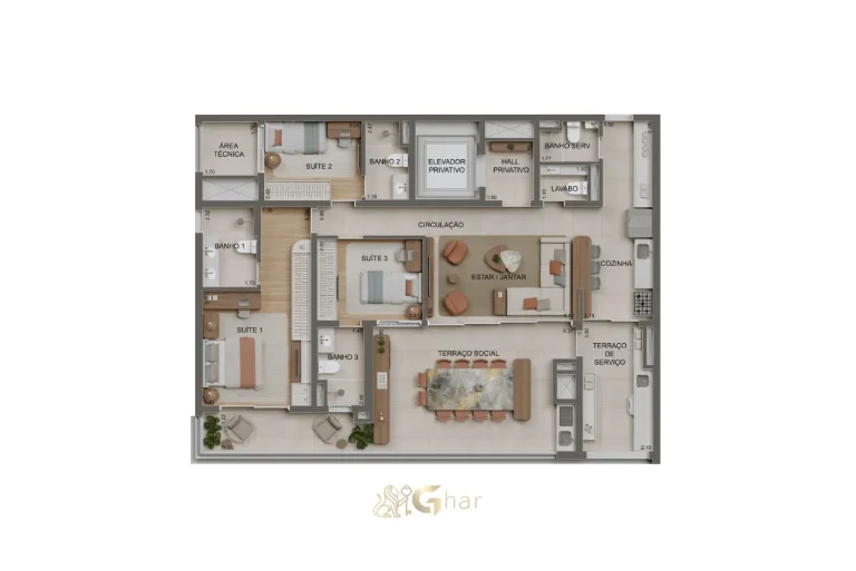 Planta do apartamento de 147 m² com 3 suítes e lavabo no Alameda Tatuapé Condomínio Clube Residences