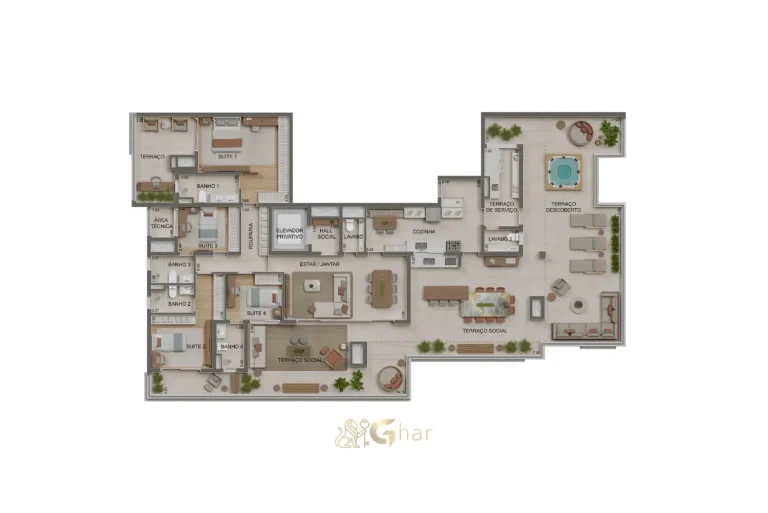 Planta da penthouse de 330 m² no Alameda Tatuapé Condomínio Clube Residences