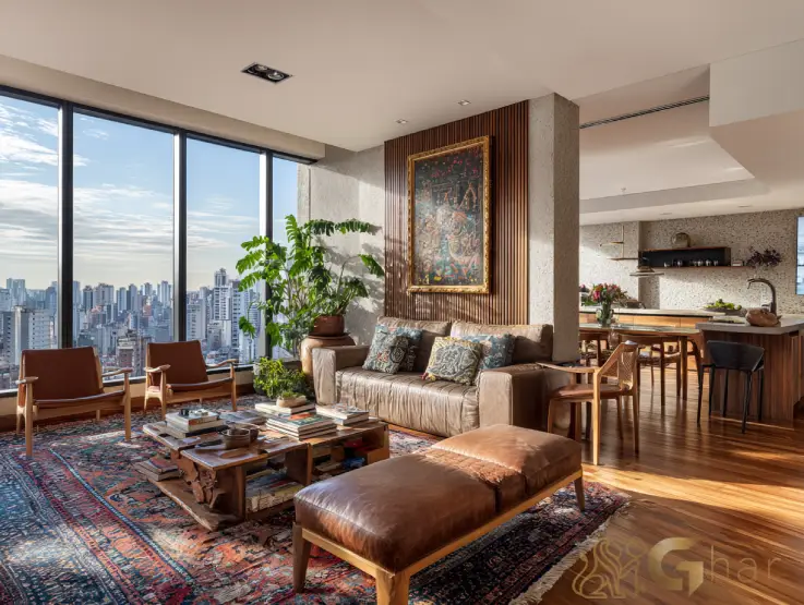 Sala de estar e jantar com cozinha aberta em apartamento à venda no Jardim Prudência