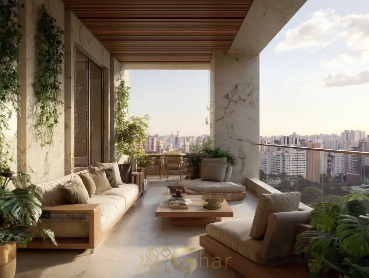 Terraço e varanda decorada — imóvel na zona oeste de São Paulo