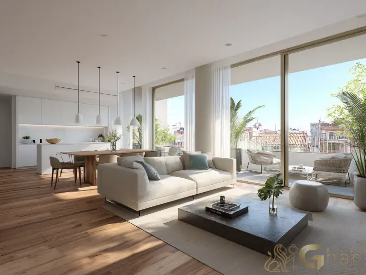 Cozinha aberta integrada à varanda e sala de estar em imóvel na zona leste da capital paulista