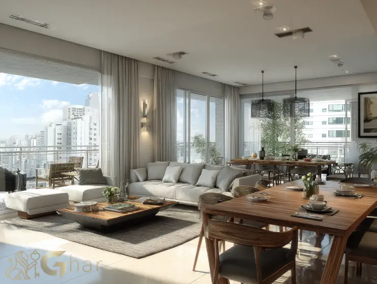 Sala de jantar integrada ao living e terraço em imóvel na zona leste de São Paulo