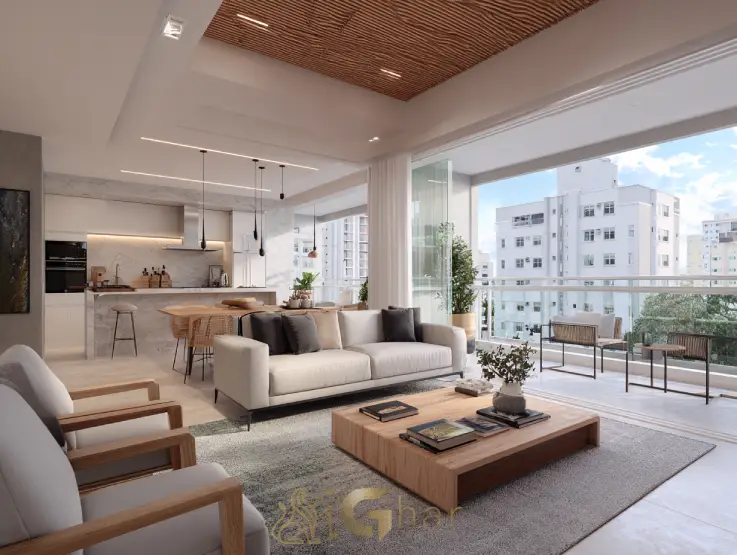 Sala de estar e jantar com cozinha aberta em apartamento na Vila Guilhermina