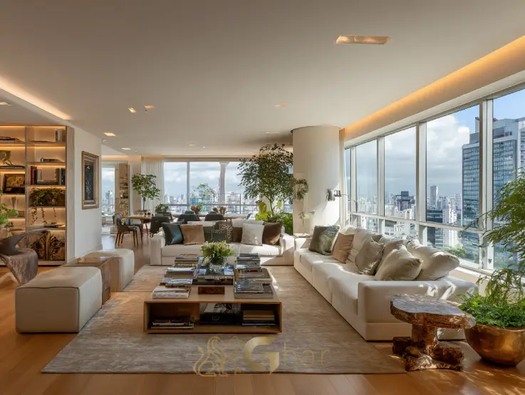 Sala ampla e iluminada em imóvel na zona sul da capital, São Paulo