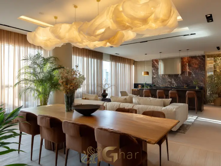 Sala de jantar integrada ao living em apartamento no Alto da Boa Vista, São Paulo