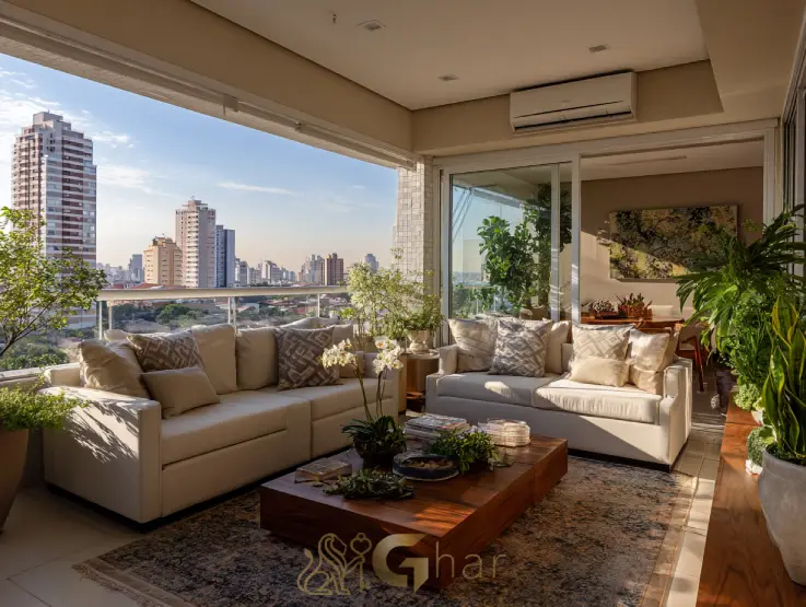 Sala de estar e jantar integradas em apartamentos no Belém, São Paulo, com varanda