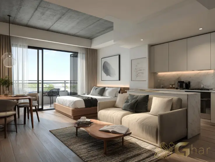 Sala com varanda e cozinha aberta em imóvel na zona leste de São Paulo