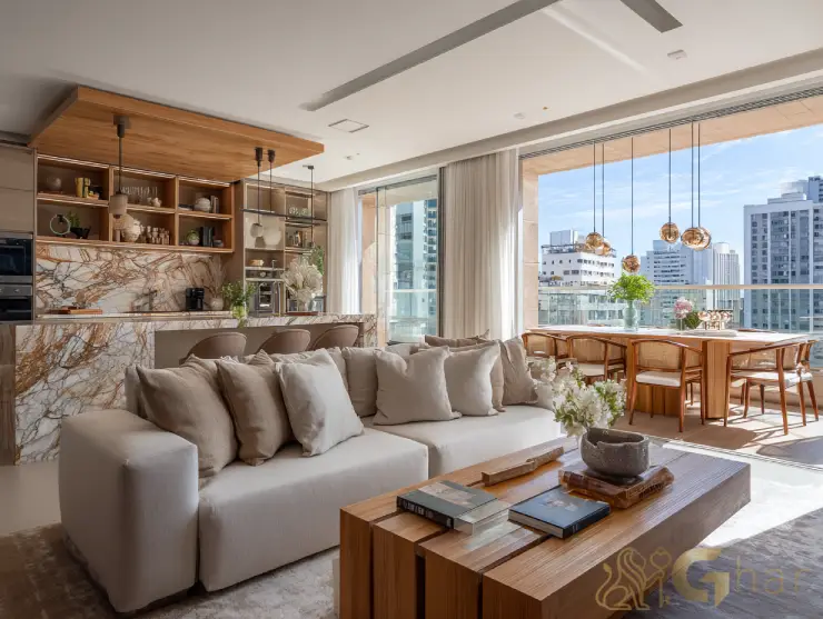 Sala de estar e jantar com varanda integrada — apartamentos Pacaembu