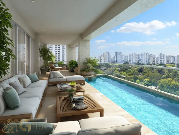 Varanda ampla com piscina em apartamentos Pacaembu de alto padrão