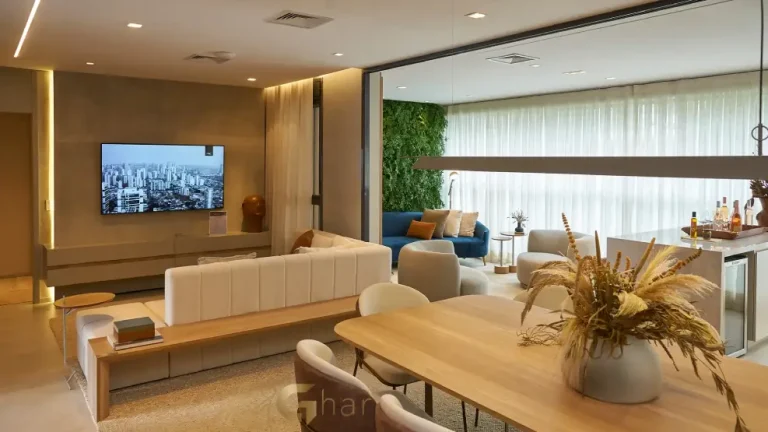 Sala de jantar e estar integrada no apartamento decorado do Ateliê 365 151 m²