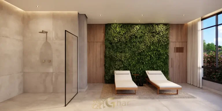 Área de descanso no térreo do Ateliê 365 no Brooklin com paisagismo integrado