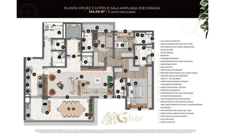 Planta do apartamento Ateliê 365 com 3 suítes e 194 m² de área privativa