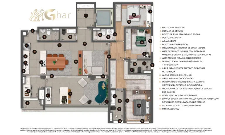 Planta do apartamento Ateliê 365 com 3 suítes, sala ampliada e cozinha aberta 151 m²