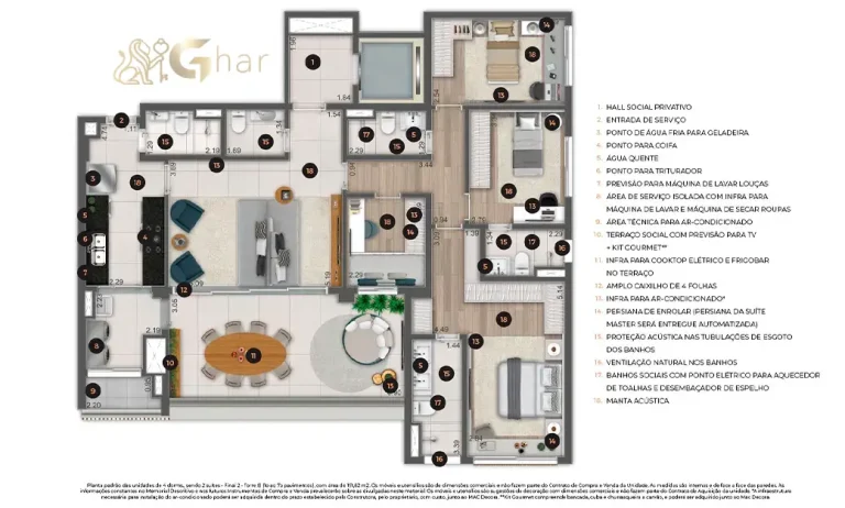 Planta alternativa do apartamento Ateliê 365 com 4 dormitórios e 2 suítes 151 m²