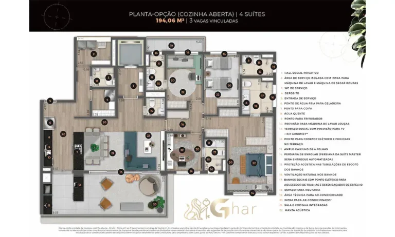 Planta do apartamento Ateliê 365 com 4 suítes e 194 m² de área privativa