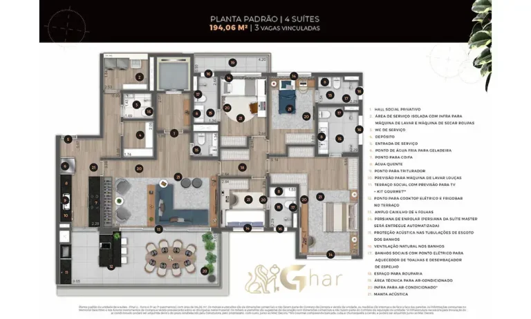 Planta alternativa do apartamento Ateliê 365 com 4 suítes e 194 m²