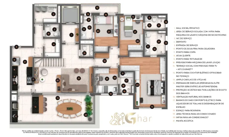 Planta do pavimento inferior do apartamento duplex do Ateliê 365 com 4 suítes e 330 m²