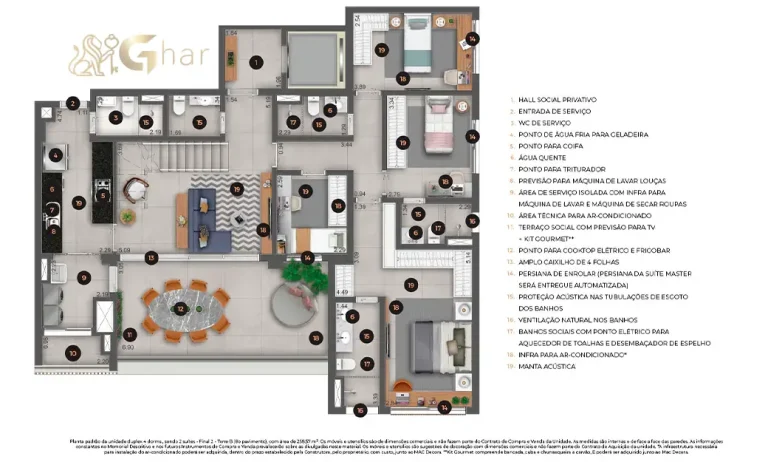 Planta detalhada do duplex superior do Ateliê 365 com 4 dormitórios e 2 suítes 258 m²