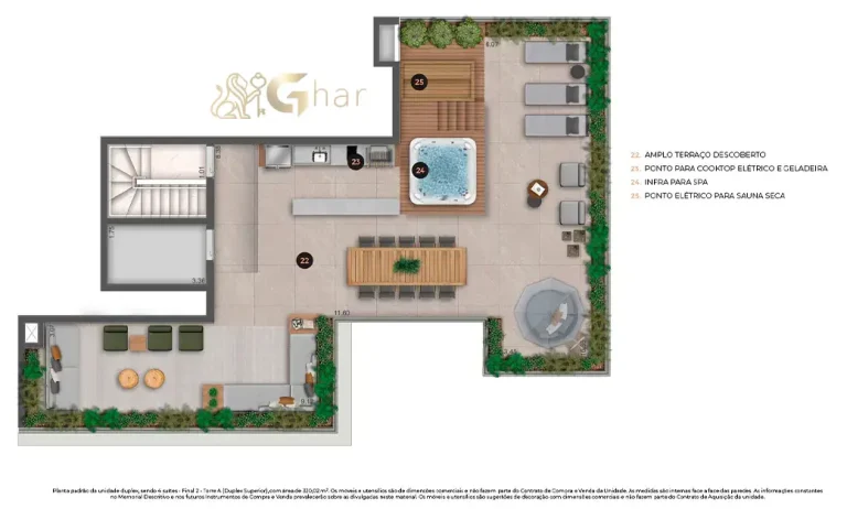 Planta do pavimento superior do apartamento duplex do Ateliê 365 com 4 suítes e 330 m²