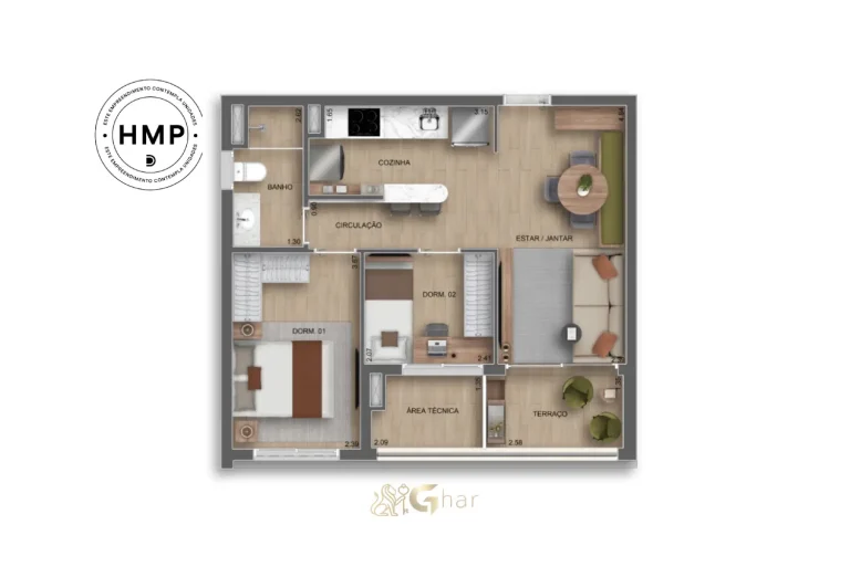 Planta do apartamento de 2 dormitórios 53m² do Auge Resort Tatuapé Home Spaces By Diálogo