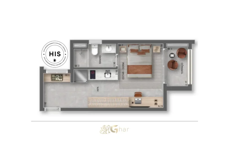 Planta do studio de 29m² do Auge Resort Tatuapé Home Spaces By Diálogo