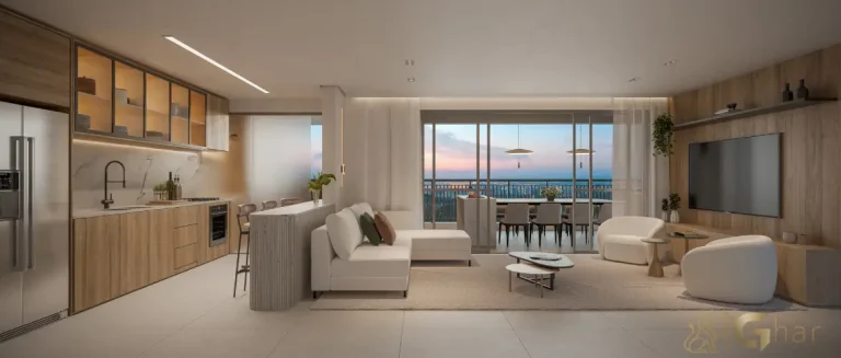 Living integrado do apartamento decorado 140 m² no Auge Resort Tatuapé