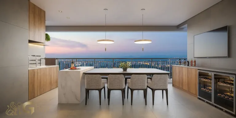 Terraço gourmet do apartamento decorado 140 m² no Auge Resort Tatuapé