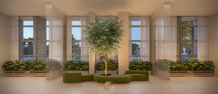 Lobby com pé-direito duplo no Auge Resort Tatuapé Residences by Diálogo