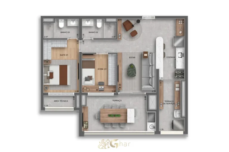 Planta do apartamento 2 dormitórios 1 suíte 80 m² no Auge Resort Tatuapé