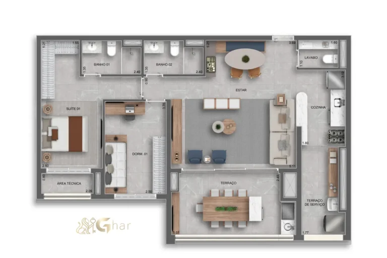 Planta do apartamento 2 dormitórios 1 suíte 96 m² no Auge Resort Tatuapé
