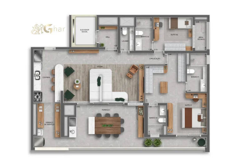 Planta do apartamento 140 m² com 2 suítes no Auge Resort Tatuapé