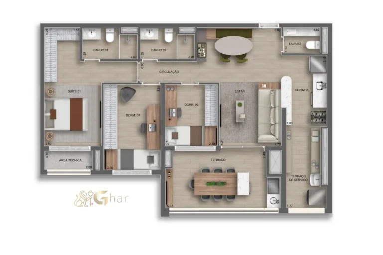 Planta do apartamento 3 dormitórios 1 suíte 96 m² no Auge Resort Tatuapé