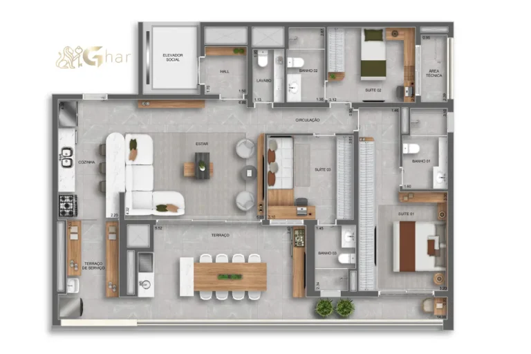 Planta do apartamento 140 m² com 3 suítes no Auge Resort Tatuapé