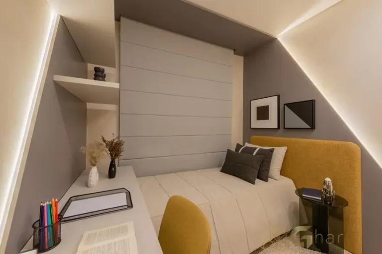 Dormitório do apartamento decorado de 83 m² no Bosque Diálogo Jd. Prudência no Jardim Prudência