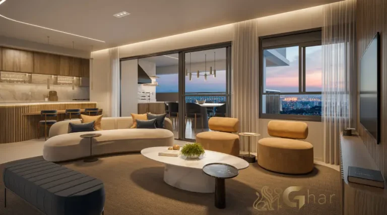 Living do apartamento decorado de 113 m² no Bosque Diálogo Jd. Prudência com amplo espaço e iluminação natural