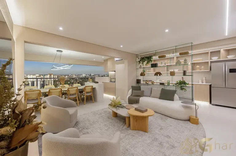 Living do apartamento decorado de 128 m² no Bosque Diálogo Jd. Prudência com ambientes amplos e integrados