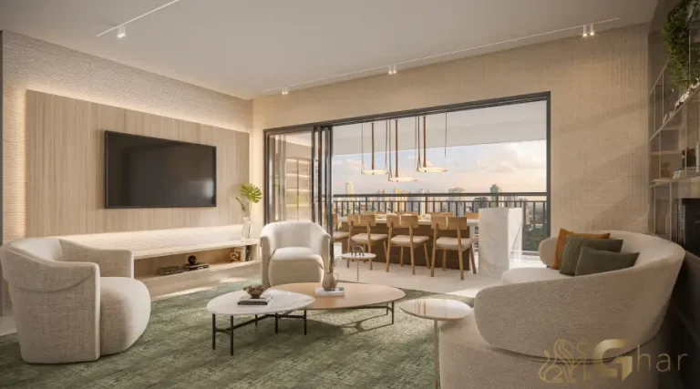 Sala de estar do apartamento decorado de 128 m² no Bosque Diálogo Jd. Prudência em São Paulo