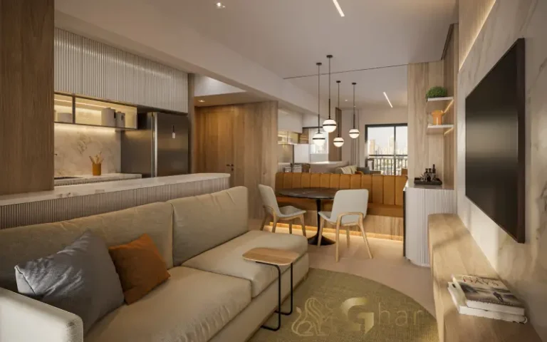Living do apartamento decorado de 75 m² no Bosque Diálogo Jd. Prudência no Jardim Prudência