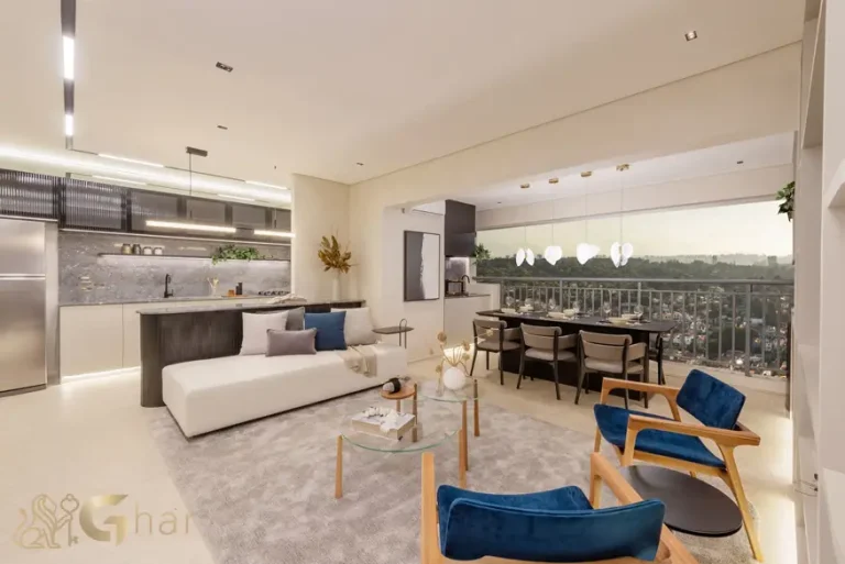 Living do apartamento decorado de 83 m² no Bosque Diálogo Jd. Prudência, com integração e conforto